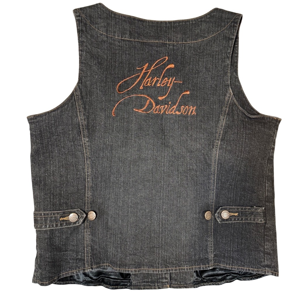 Harley-Davidson Women's Denim Vest Black Embroidered Lined Button‎ Front XL 2006